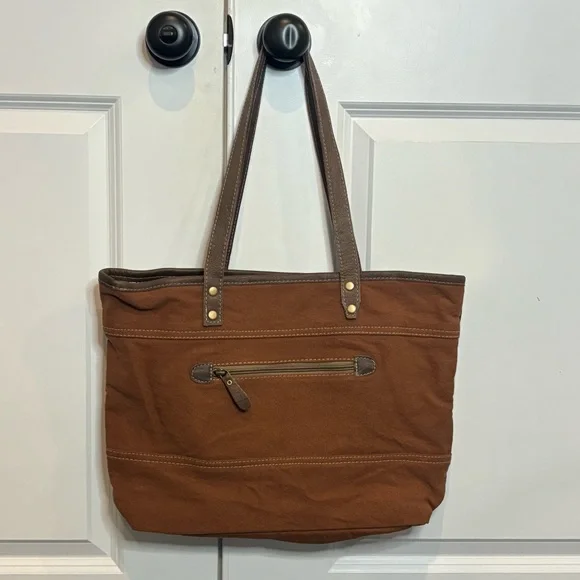 Myra Bag Brick Brown Leather Red Tan Embroidered Cotton Canvas Tote - Picture 5 of 11